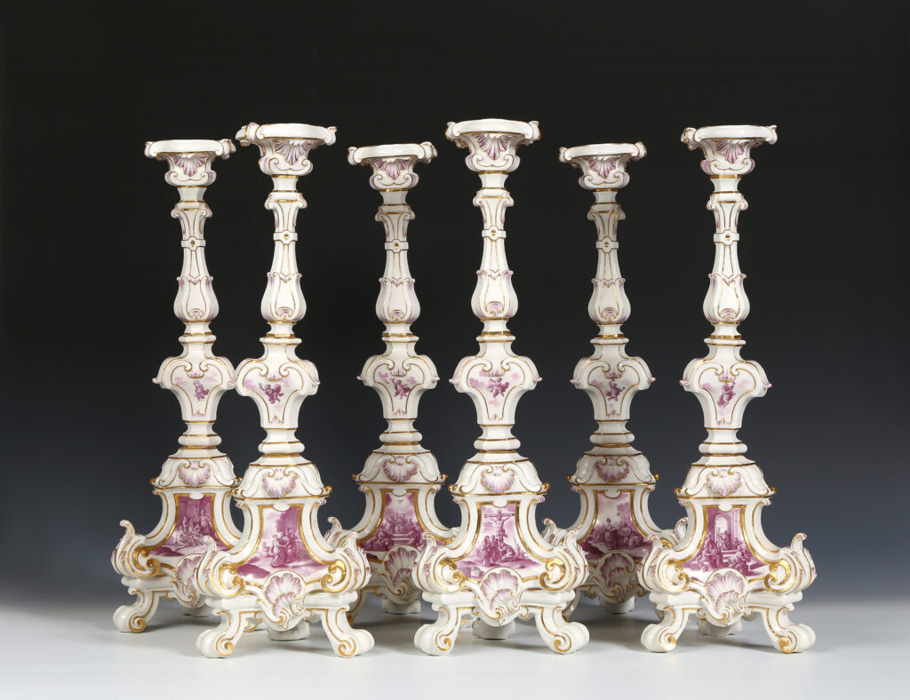 A SET OF SIX CAPODIMONTE ALTAR CANDLESTICKS