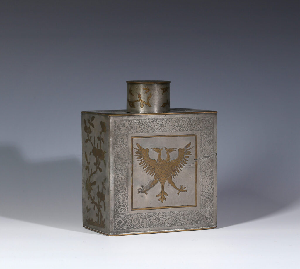 A CHINESE PARCEL-GILT PEWTER TEA CANISTER FOR THE RUSSIAN MARKET