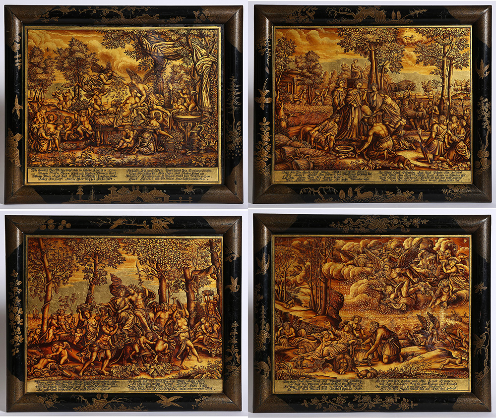 A SET OF FOUR REVERSE GLASS PAINTINGS OF THE SEASONS
