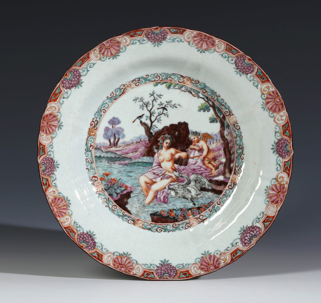 A CHINESE PLATE DECORATED IN HOLLAND WITH LEDA AND THE SWAN