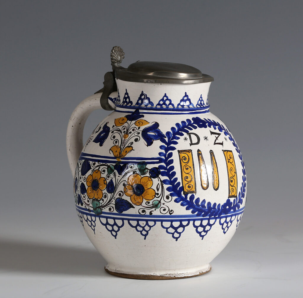A Hutterite-Haban pewter-mounted jug, Northern Hungary (now Slovakia)