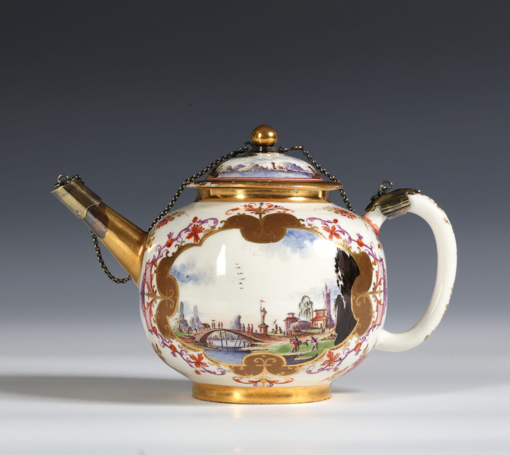 A GILT METAL MOUNTED MEISSEN GLOBULAR TEAPOT