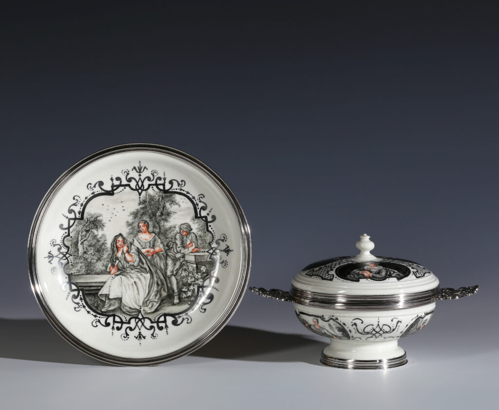 MEISSEN SILVER-MOUNTED TWO-HANDLED ECUELLE, COVER AND STAND