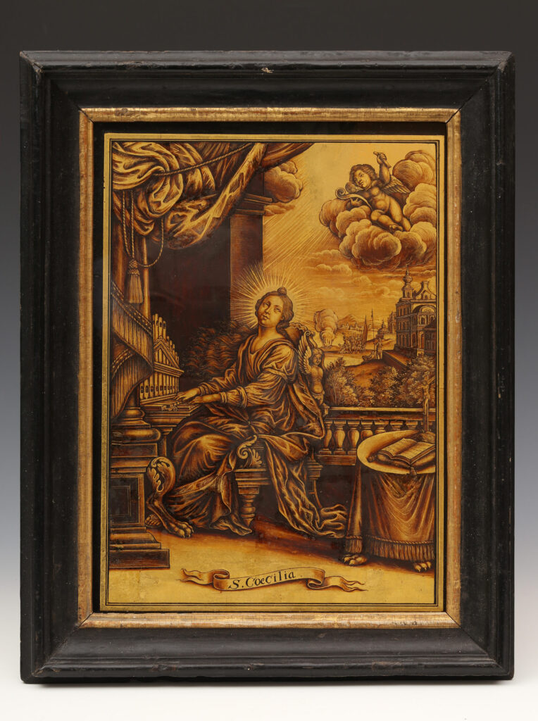 A REVERSE GLASS PAINTING OF SAINT CECILIA, BY DANIEL PREISSLER