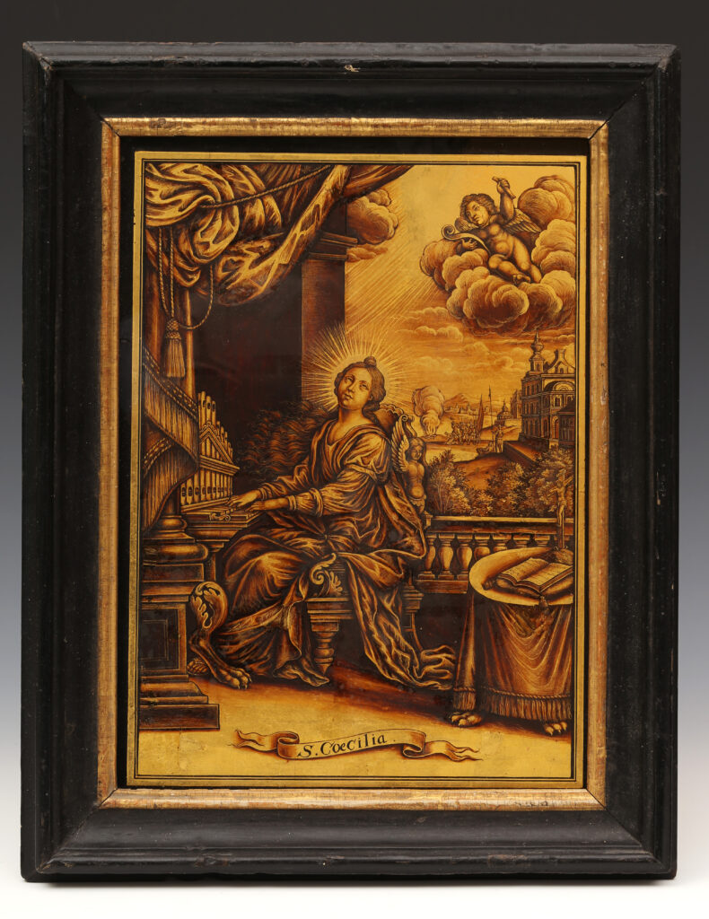 A REVERSE GLASS PAINTING OF SAINT CECILIA, BY DANIEL PREISSLER