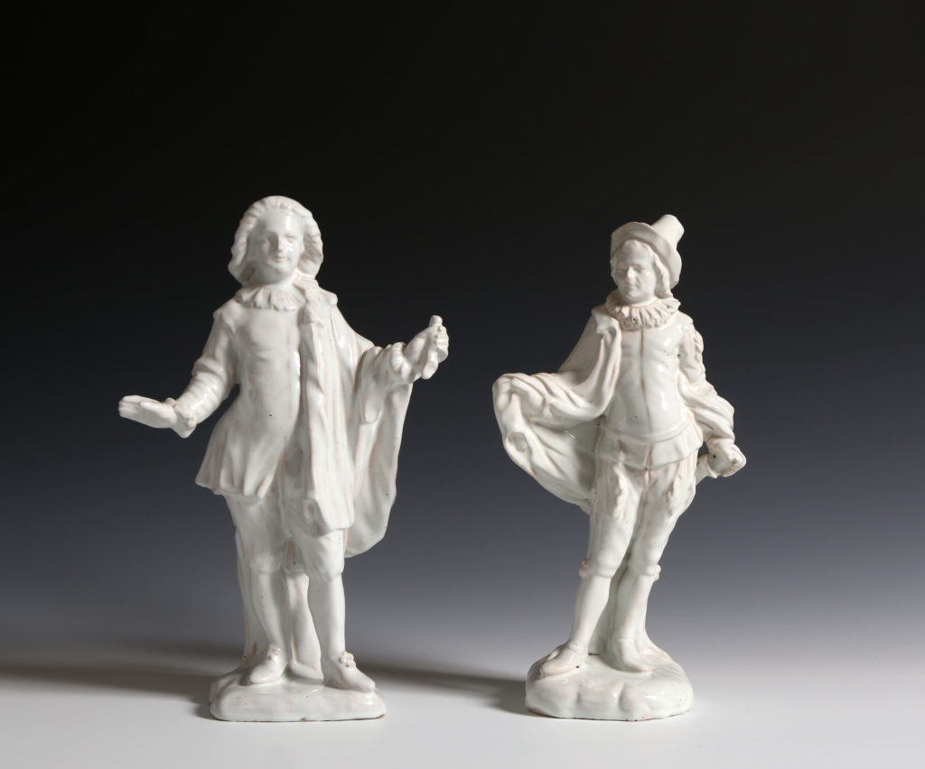 TWO STRASBOURG FAIENCE COMMEDIA DELL’ARTE FIGURES OF  MEZZETIN AND L’INDIFFÉRENT