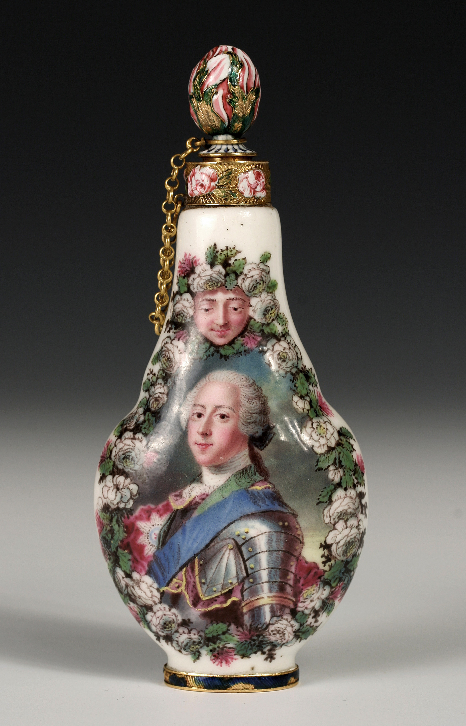 A Capodimonte gold and enamel-mounted scent bottle and stopper with a portrait of Prince Charles Edward Stuart (1720-88) and the arms of Lady Mary Hervey (née Leppel, 1700-68),