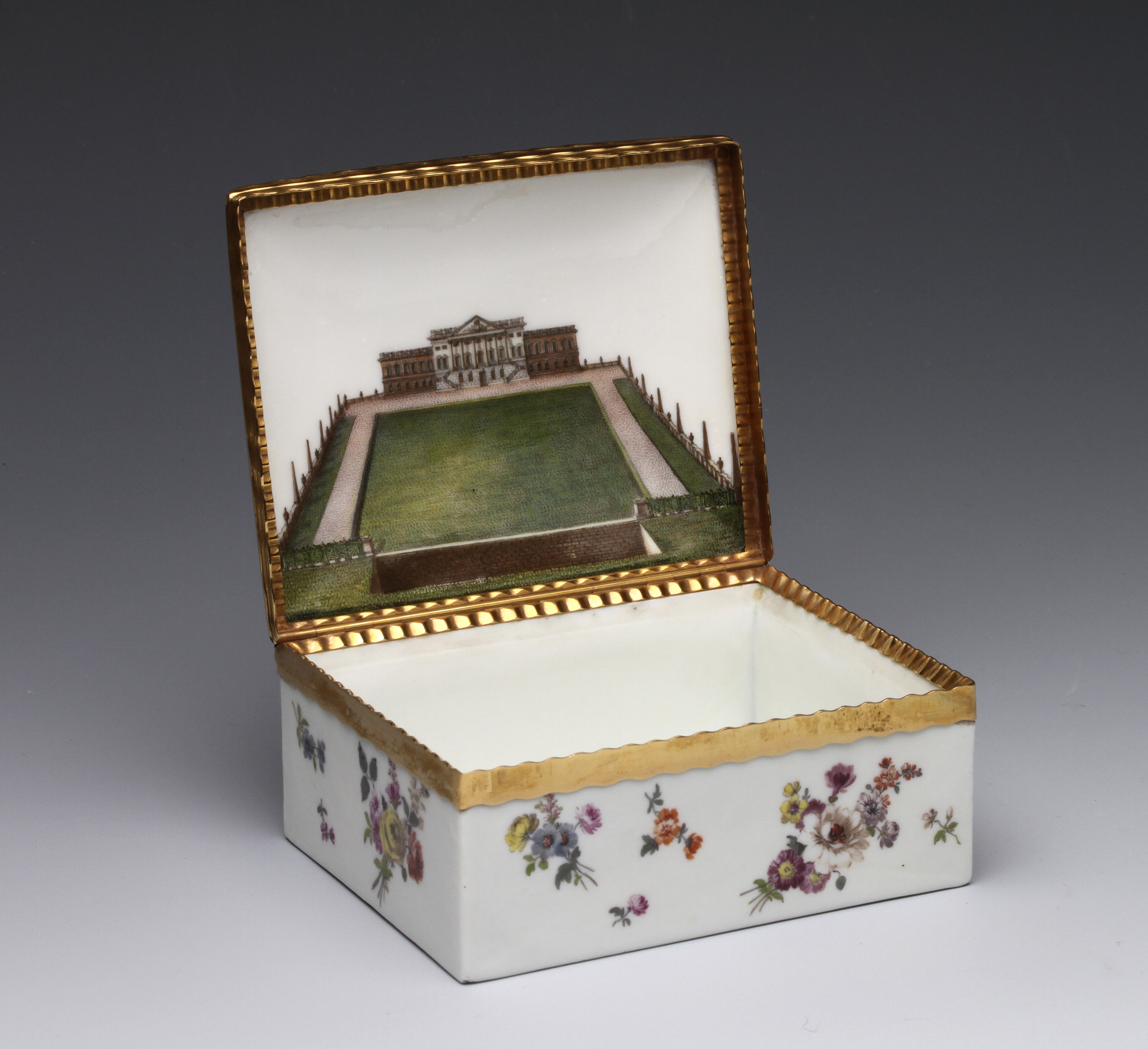 A Meissen gold-mounted table snuff box painted with a view of Wanstead House