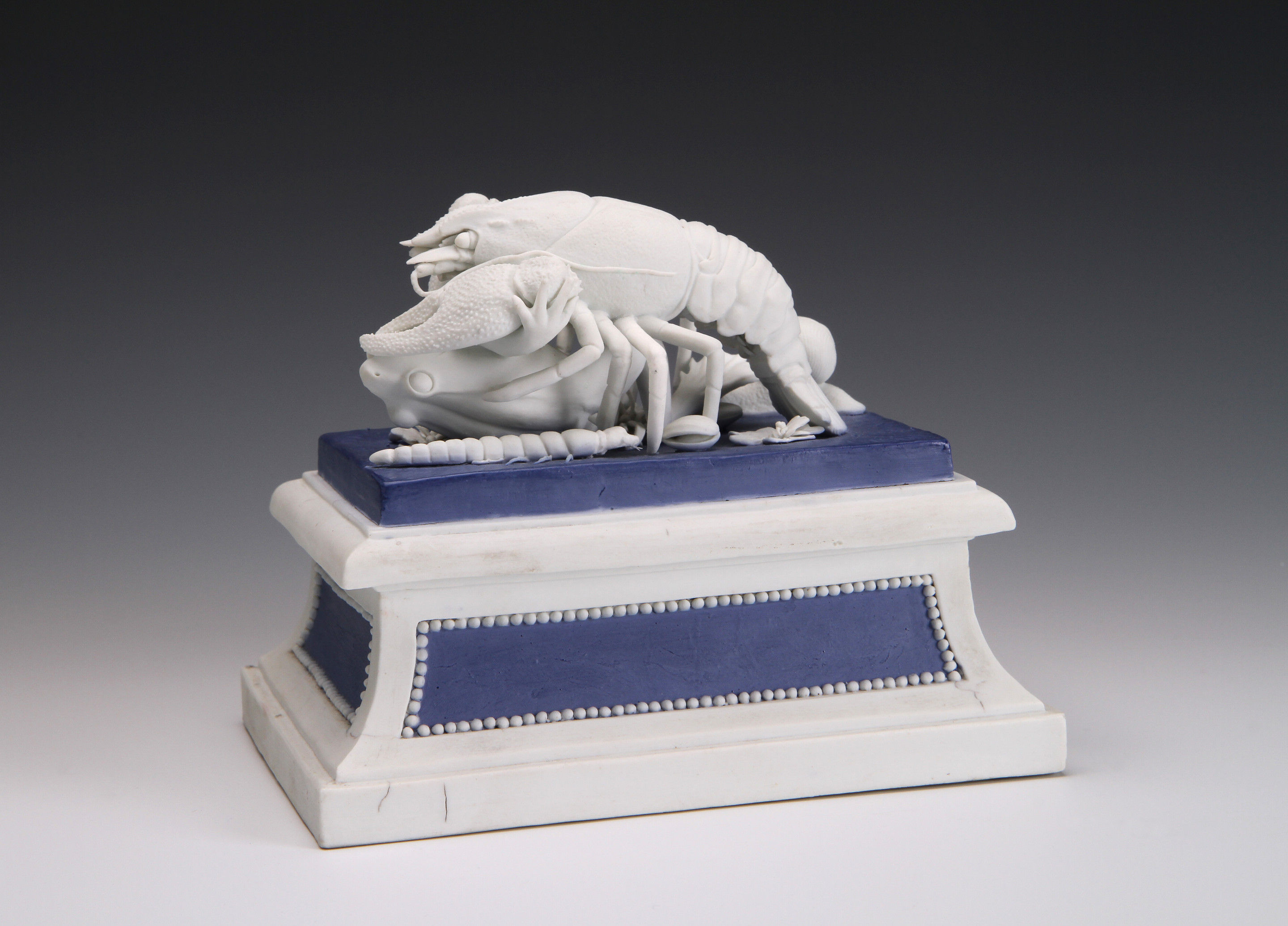 Meissen biscuit model of a crayfish fighting a frog
