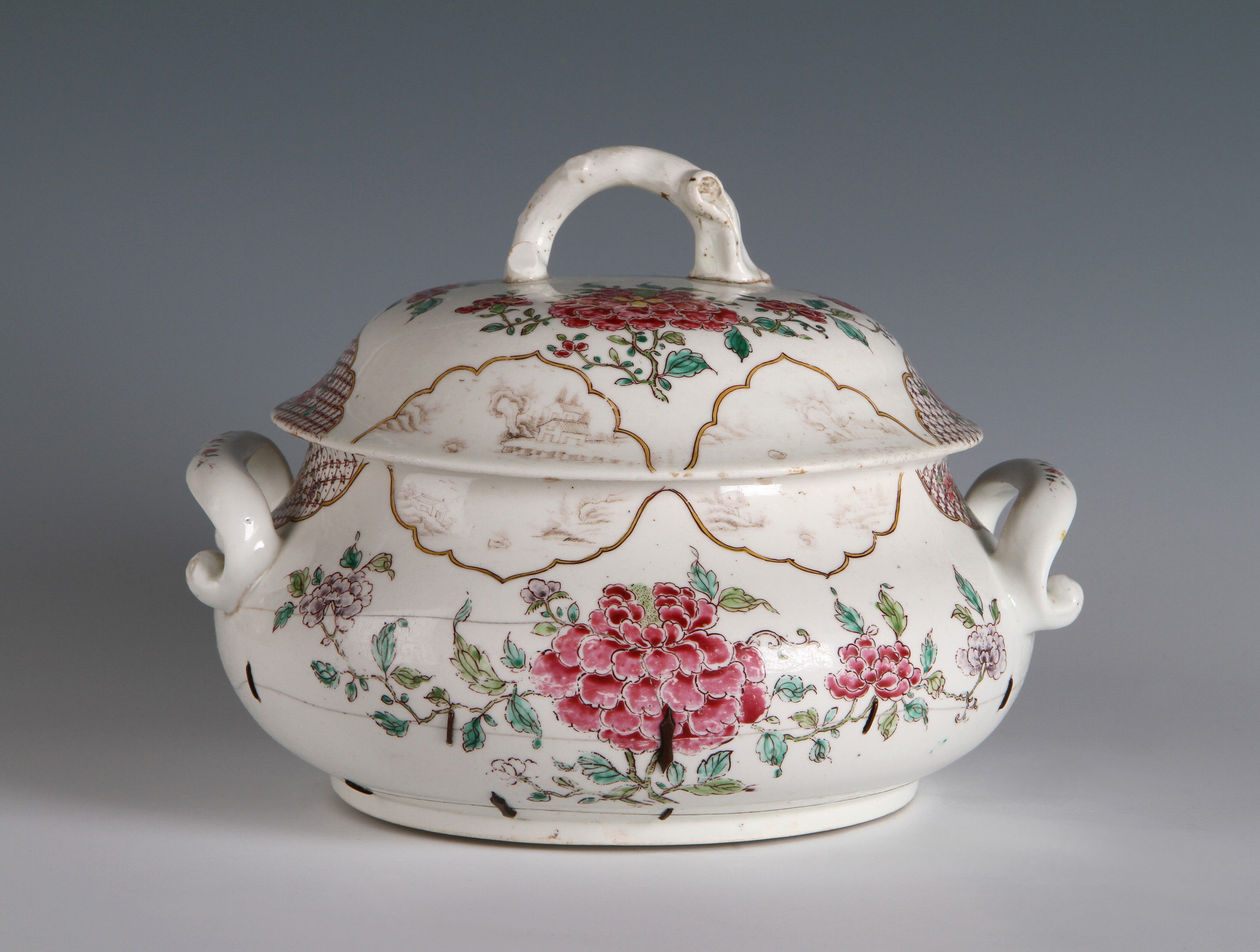 A large early Bow famille rose tureen