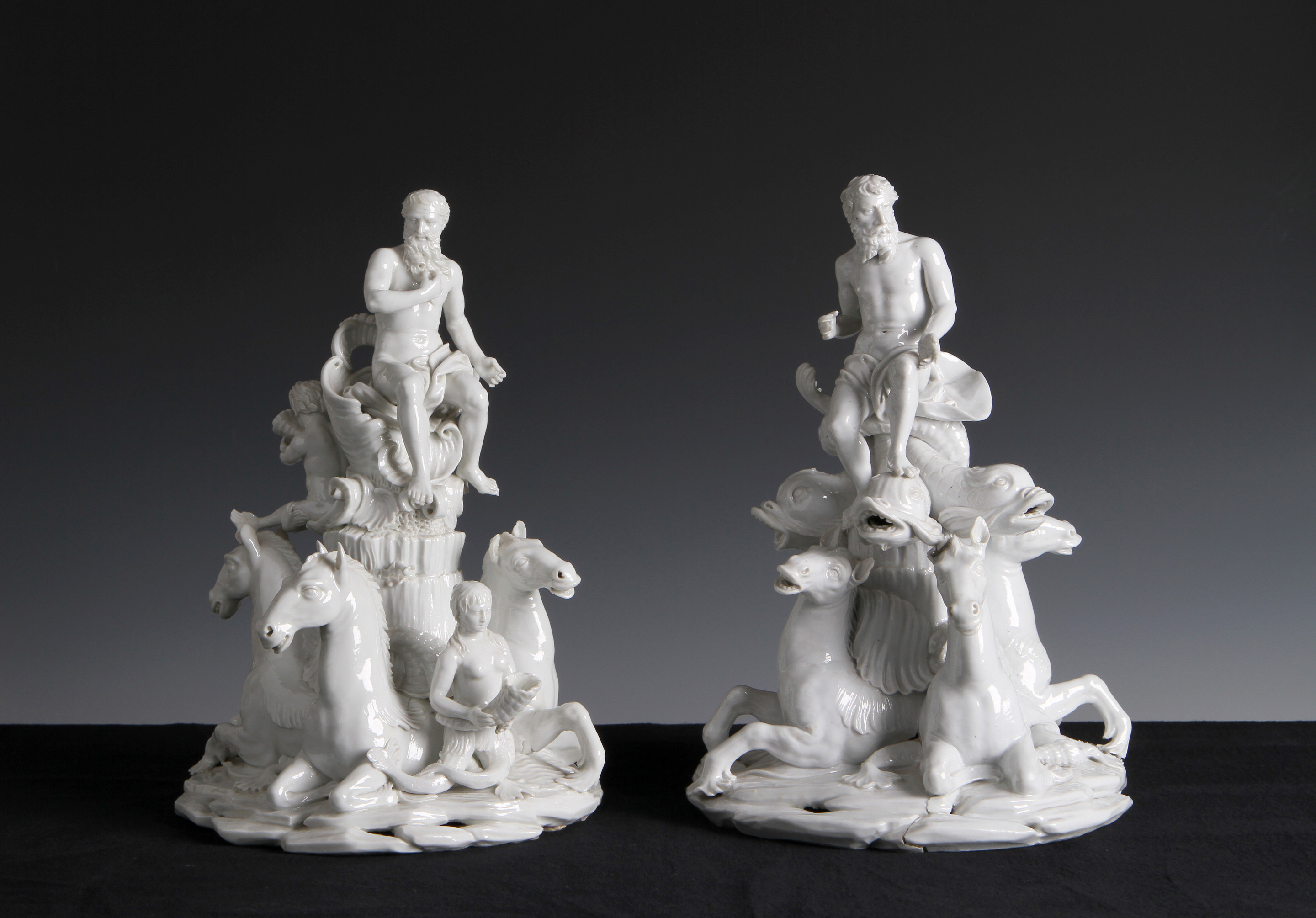 An Exceptional and Unrecorded Pair of Cozzi white porcelain groups representing the Triumph of Neptune