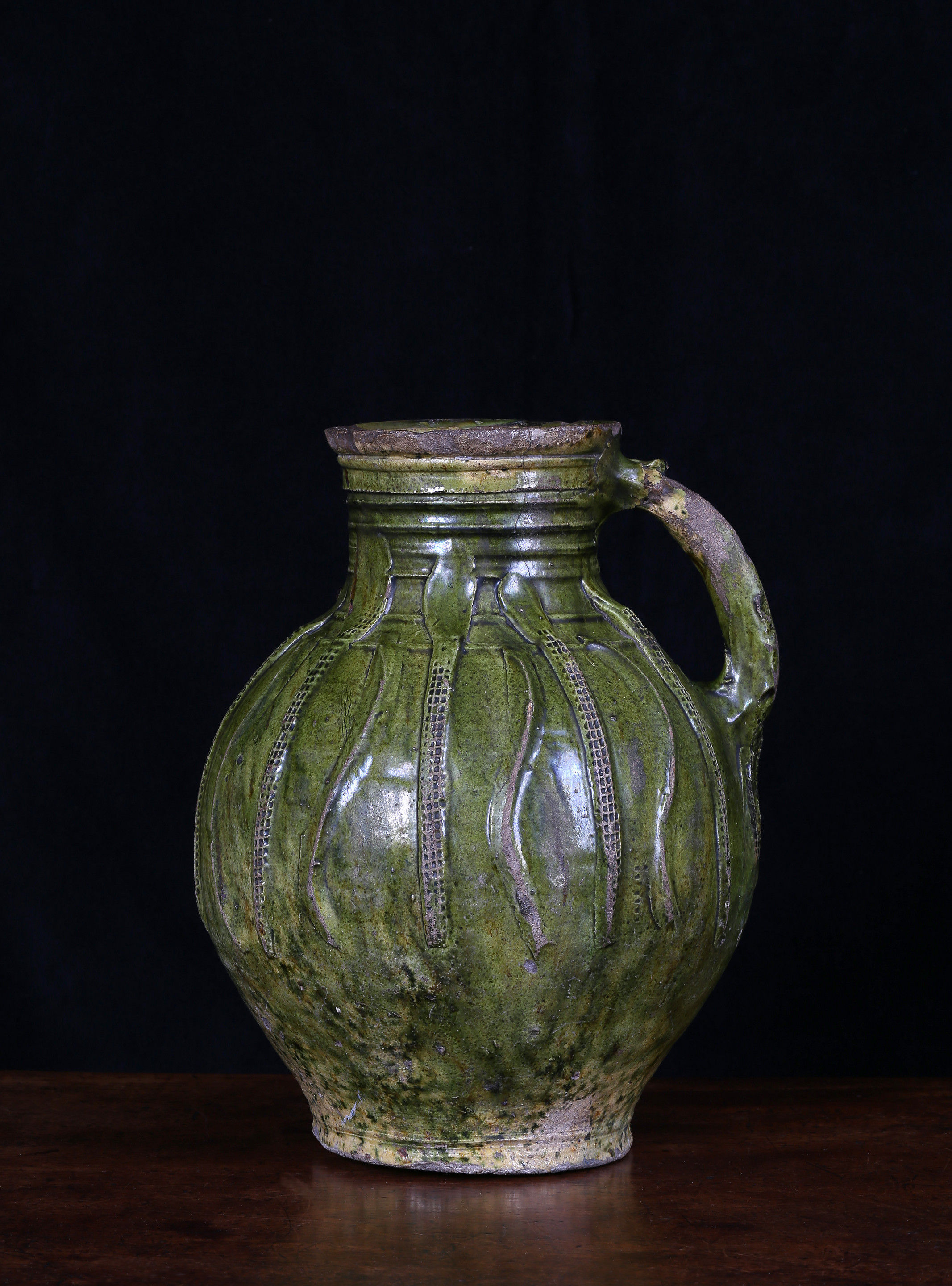 A Large French Medieval Green-Glazed Jug