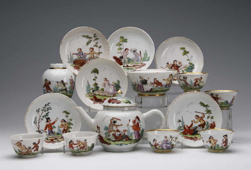 A Chinese porcelain part tea service decorated in London by Jefferyes Hammet O’Neale with scenes from the Commedia dell’Arte